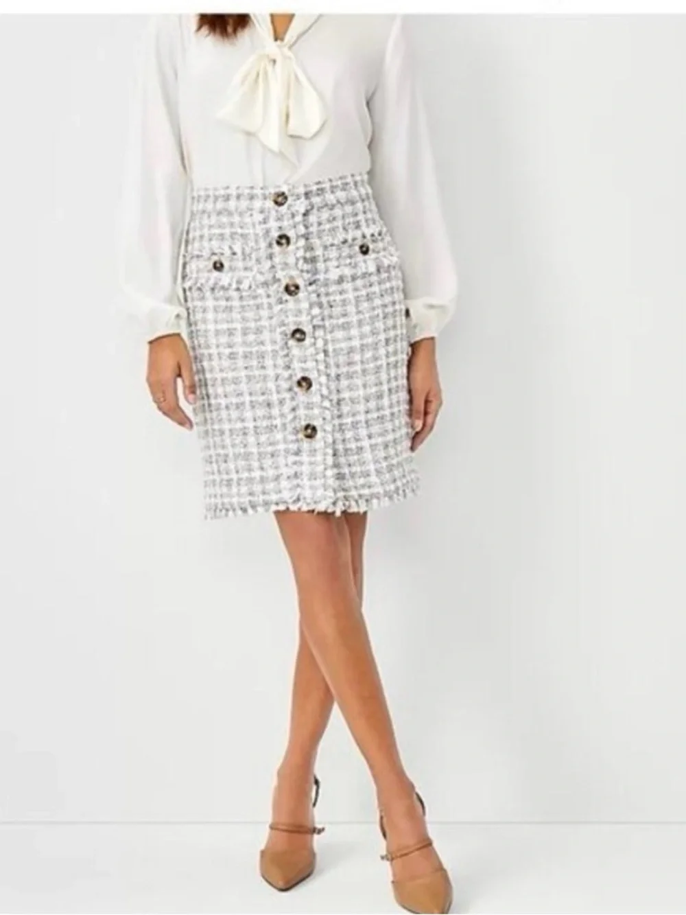 Ann Taylor Button-Front Tweed Mini Skirt in Ivory and Taupe